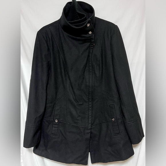 Steve Madden Long Black Wool Blend Coat | Jacket | Asymmetrical Zip Winter Fall - Picture 2 of 16